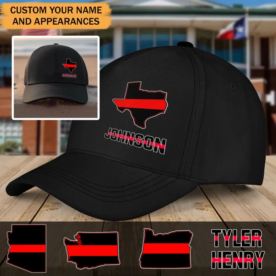 Personalized Firefighter Thin Red Line US State Flag Custom Name Black Cap TQTVQ23666