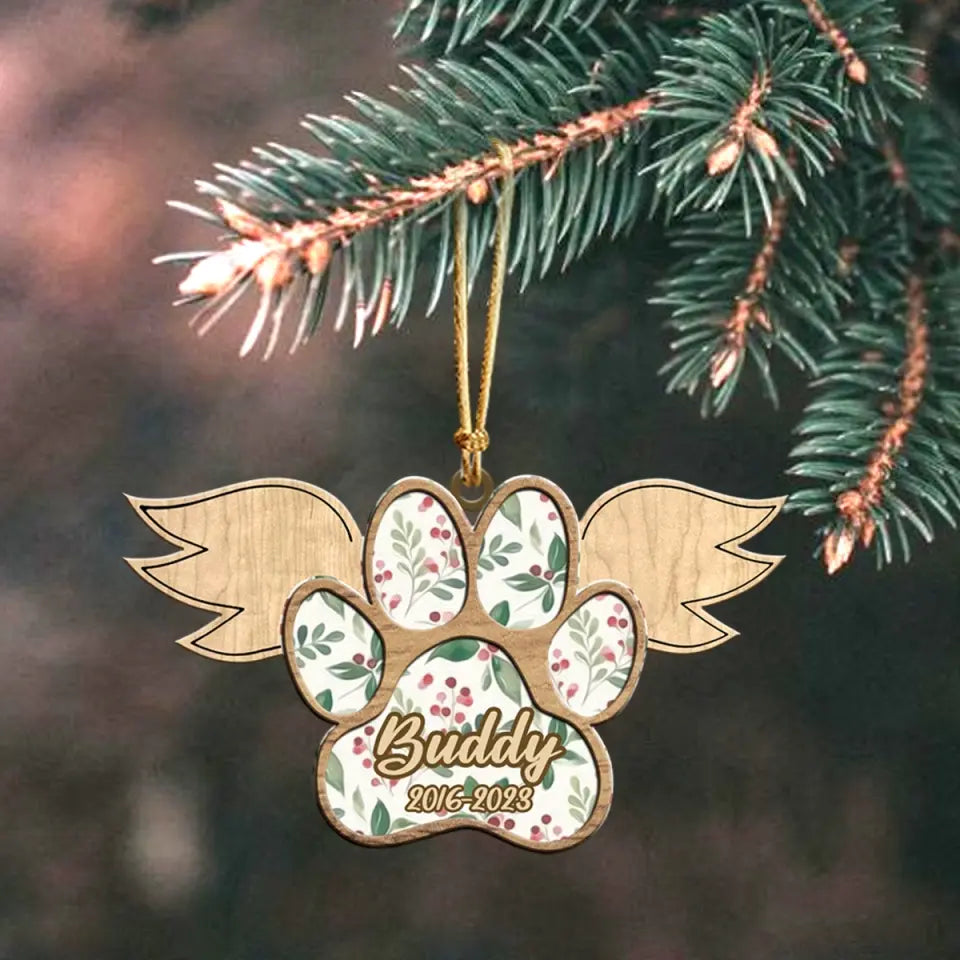 Personalized Paw Angel Wings Custom Your Pet Name Wooden Ornament 2 Layer Printed PTN23683