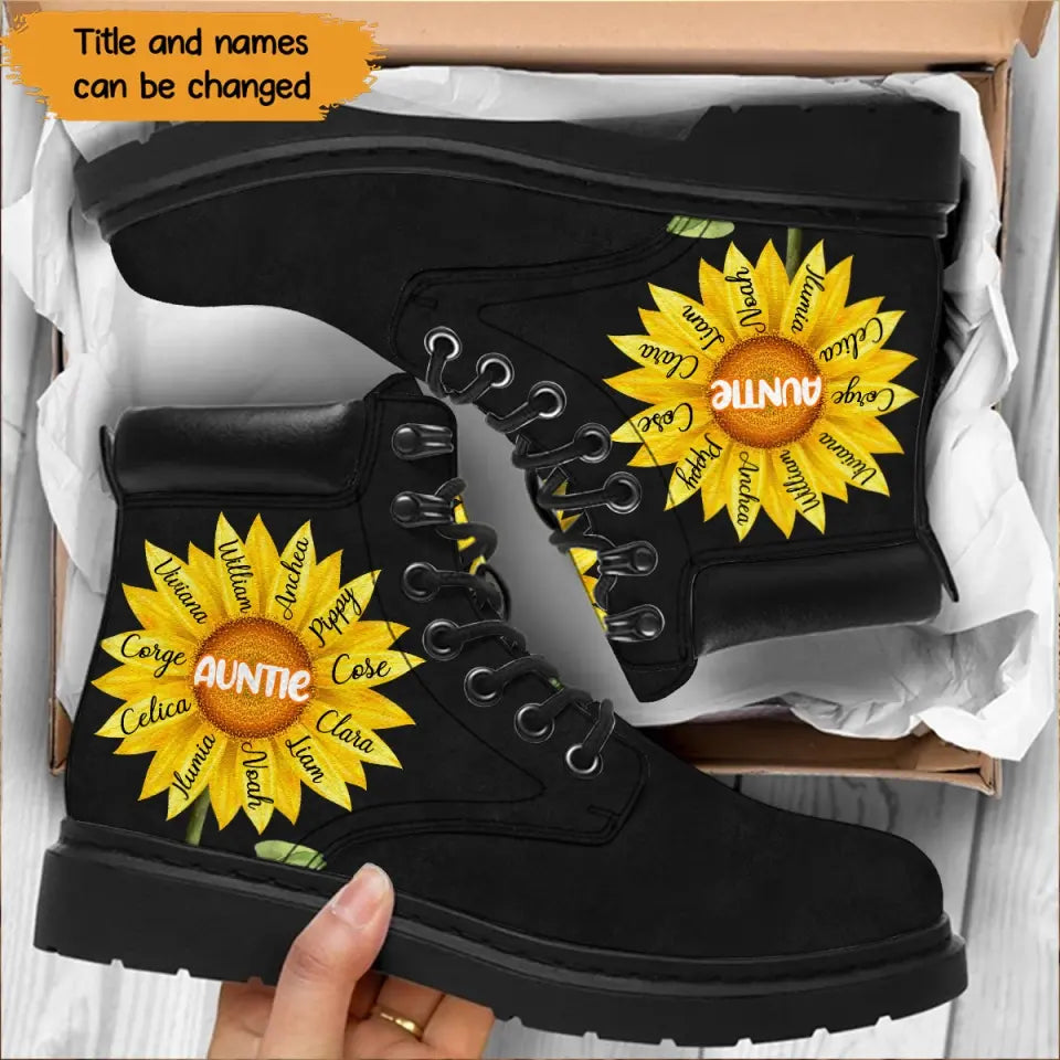 Personalized Sunflower Auntie & Kid Names Leather Boots Printed KVH23685