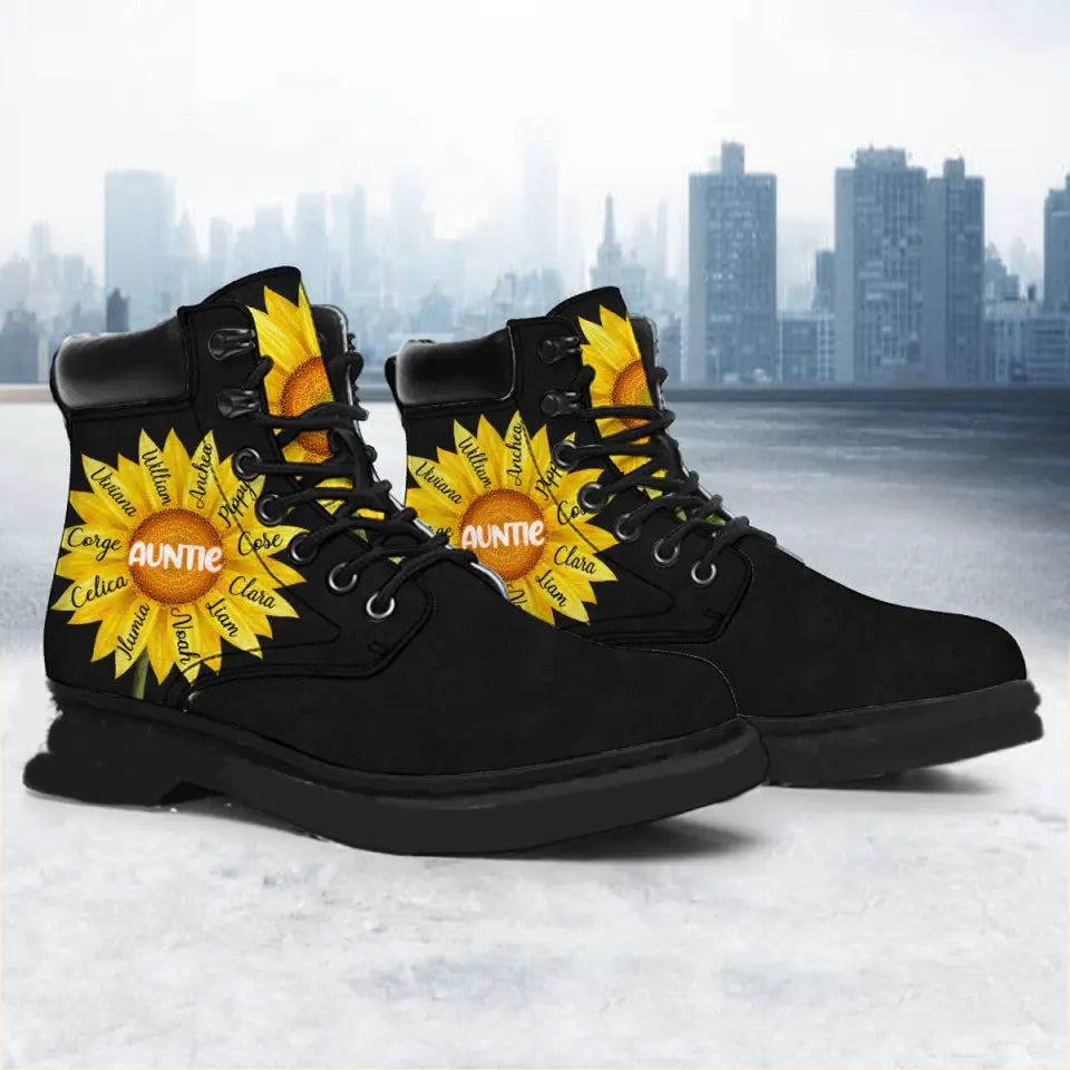 Personalized Sunflower Auntie & Kid Names Leather Boots Printed KVH23685