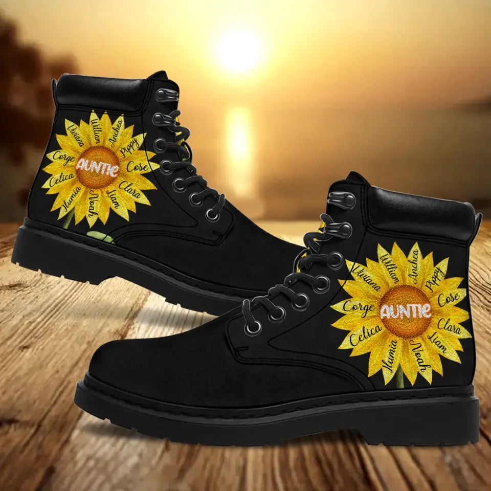 Personalized Sunflower Auntie & Kid Names Leather Boots Printed KVH23685