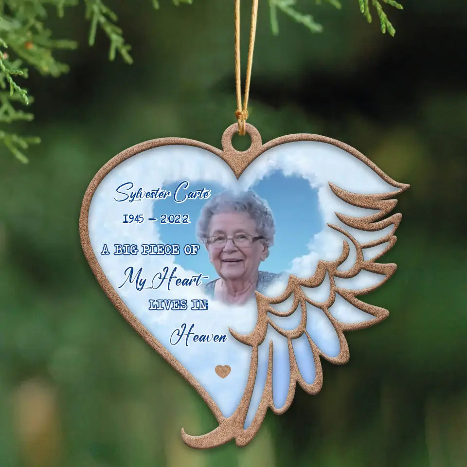Personalized A Big Piece Of My Heart Lives In Heaven Memorial Wooden Ornament 2 Layer Printed TQTHN23693
