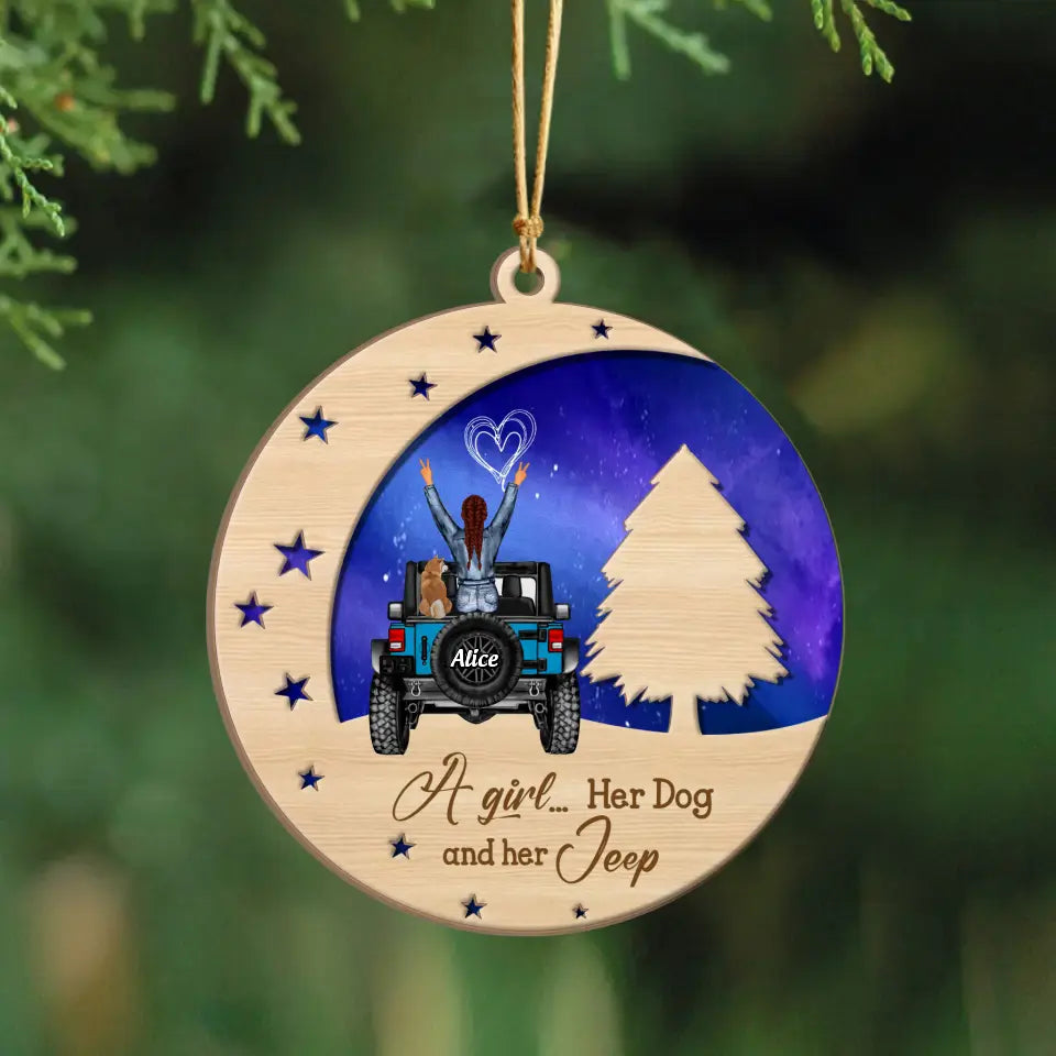 Personalized A Girl Her Dog & Her Jeep Wooden Ornament 2 Layer Printed PTN23712