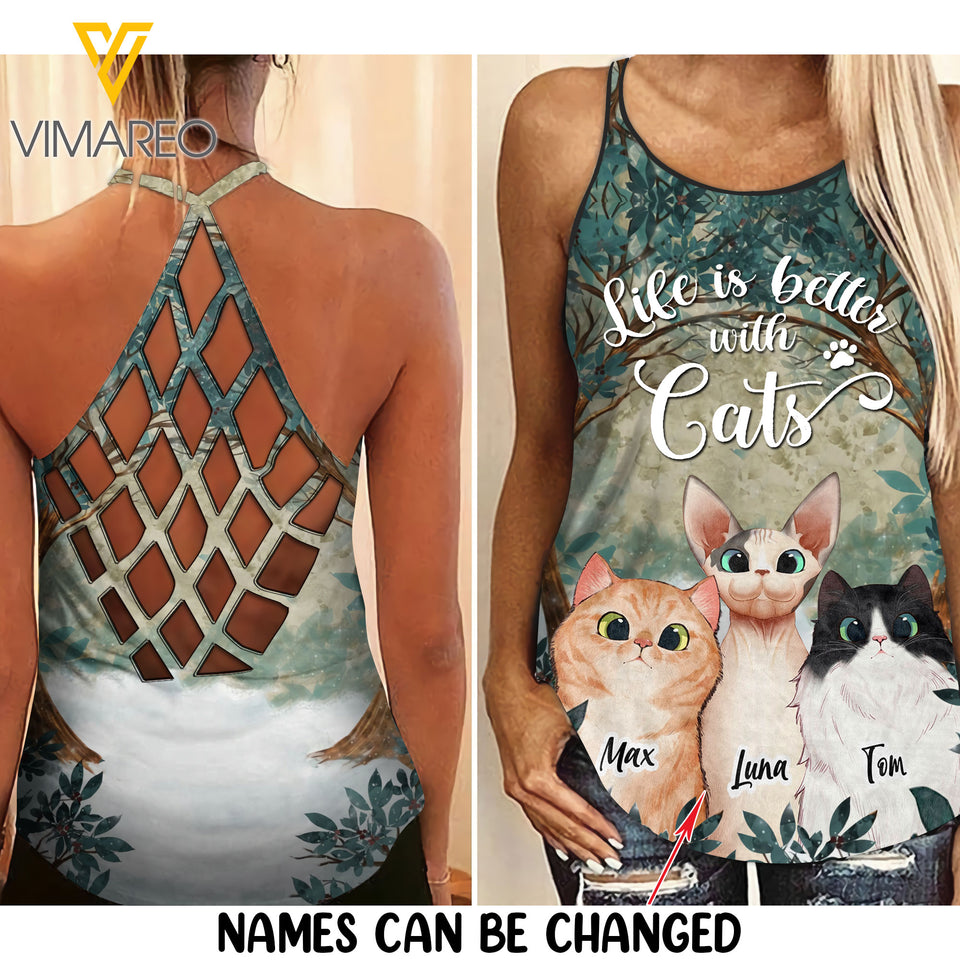 KA LIFE BETTER WITH A CAT  Criss-Cross Tank Top