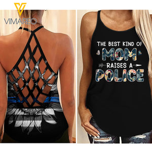 Police Mom blue line Criss-Cross Open Back Camisole Tank Top 0405NGBMQ
