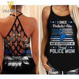 Police Mom blue line Criss-Cross Open Back Camisole Tank Top 0405NGBMQ