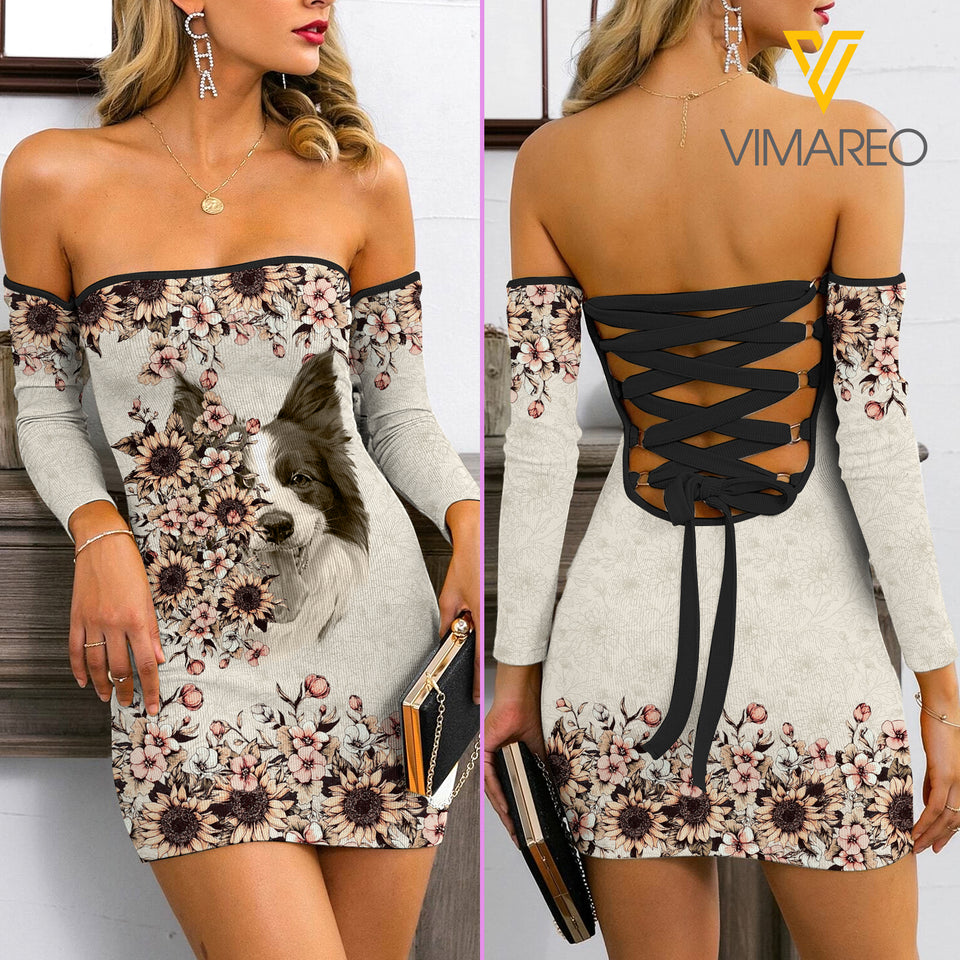 Border Collie Mom Lace Up Back Bardot Bodycon Dress EZT110521