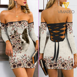 Border Collie Mom Lace Up Back Bardot Bodycon Dress EZT110521