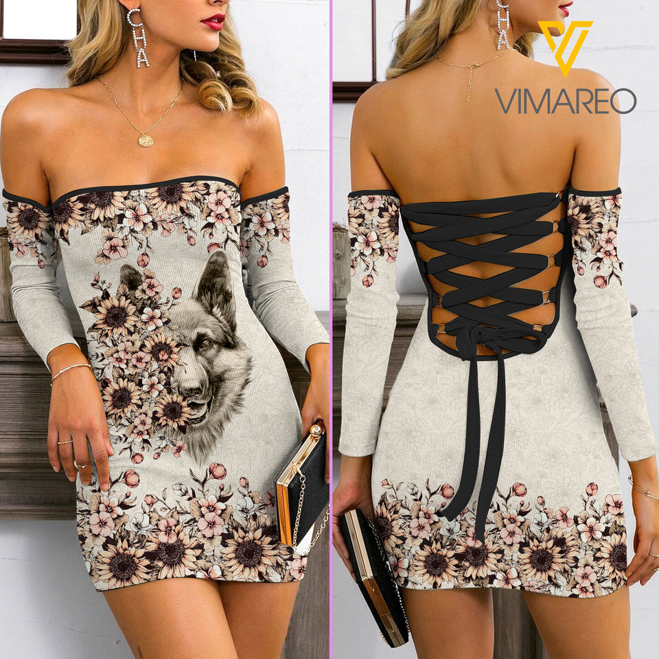 German Shepherd Mom Lace Up Back Bardot Bodycon Dress EZT110521