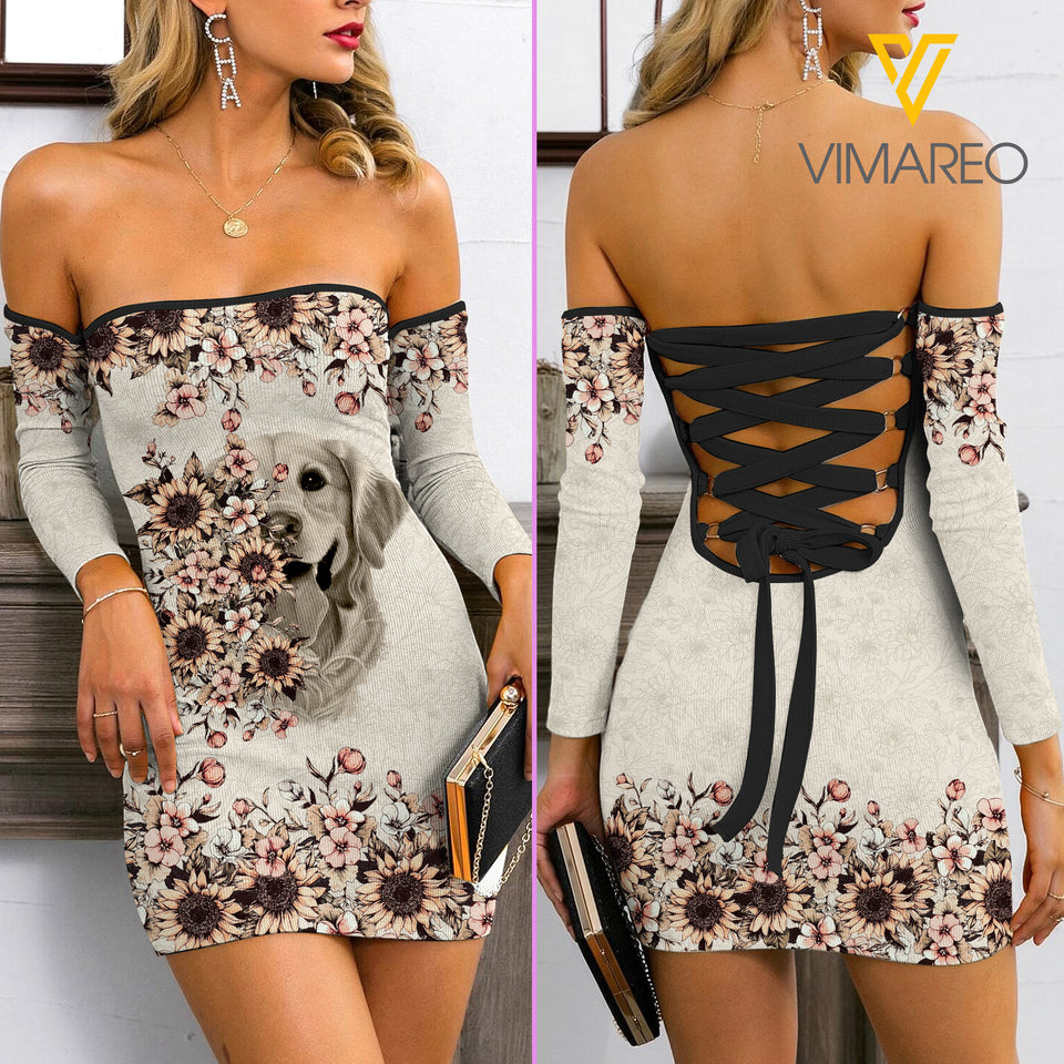 Golden Mom Lace Up Back Bardot Bodycon Dress EZT110521