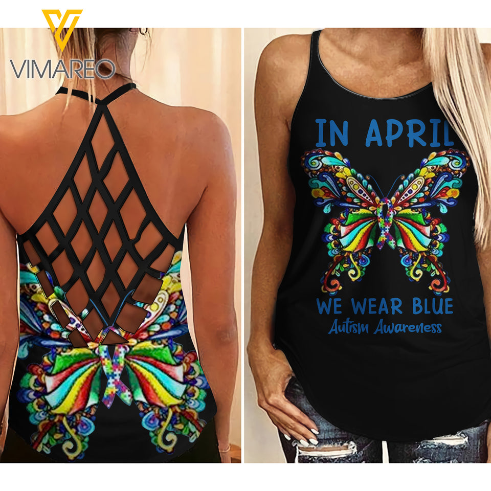 PHN AUTISM IN APRIL Criss-Cross Open Back Camisole Tank Top MAR-DT12 DS