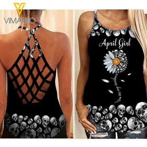 PHN APRIL GIRL SKULL Criss-Cross Open Back Camisole Tank Top Legging MAR-QH13