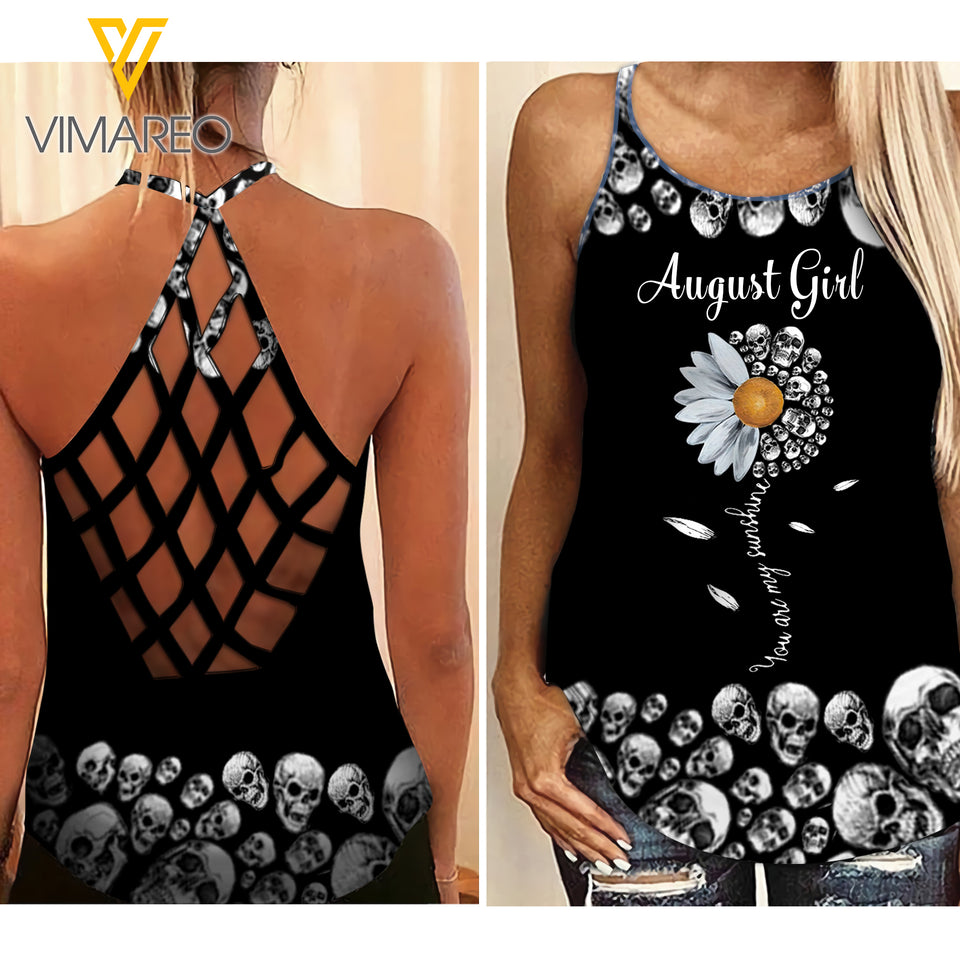 PHN AUGUST GIRL SKULL Criss-Cross Open Back Camisole Tank Top Legging MAR-QH15