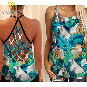 Charolais Cattle Criss-Cross Open Back Camisole Tank Top AUG-HQ27