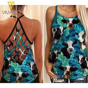 Dairy Cattle Criss-Cross Open Back Camisole Tank Top AUG-HQ30
