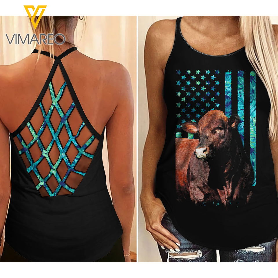 Angus Cattle Criss-Cross Open Back Camisole Tank Top SEP-HQ07
