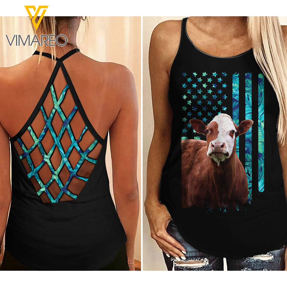 Hereford Cattle Criss-Cross Open Back Camisole Tank Top SEP-HQ07