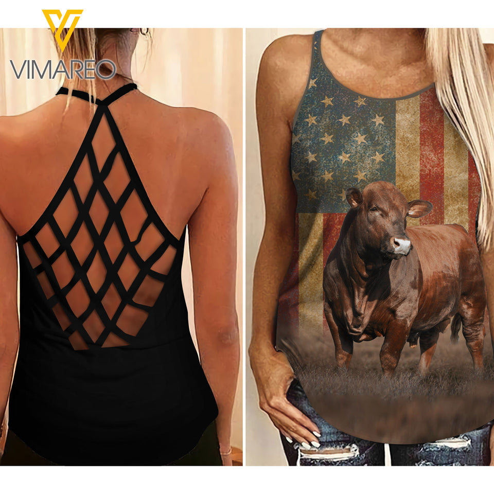 Beefmaster Cattle Criss-Cross Open Back Camisole Tank Top MAR-HQ24