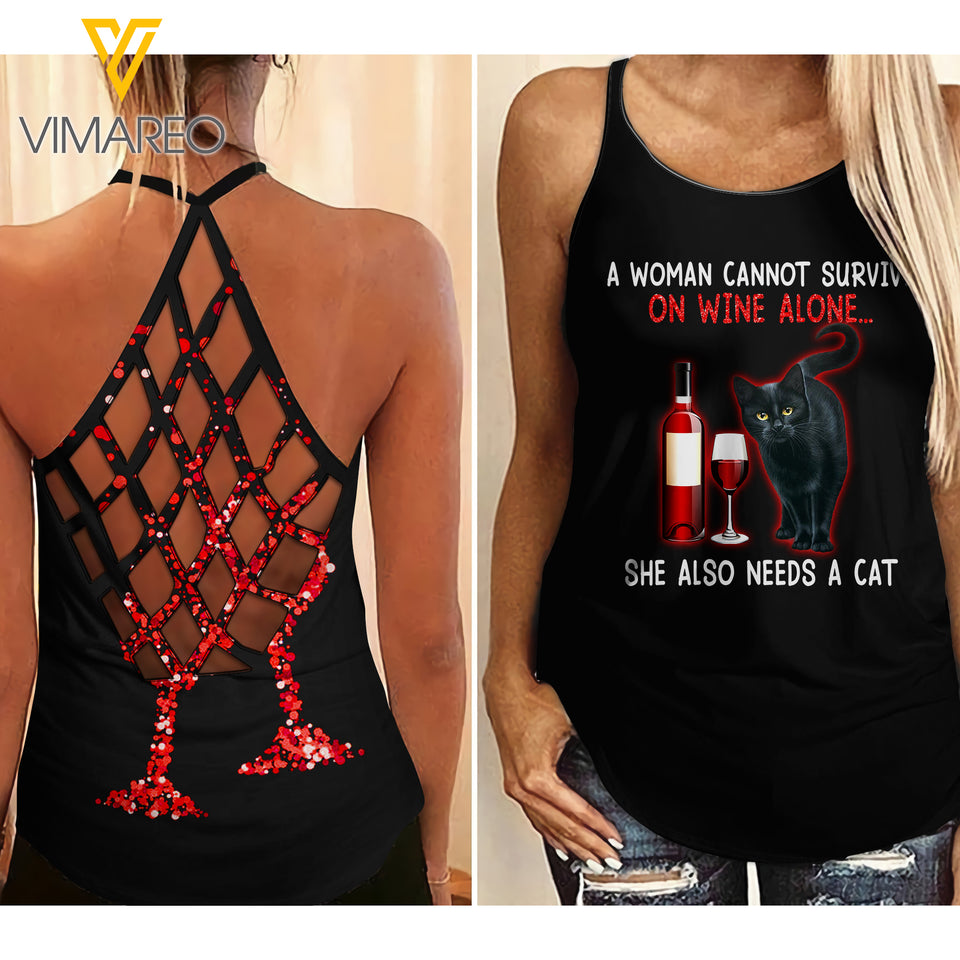 Cat Wine Criss-Cross Open Back Camisole Tank Top MAR-DT14