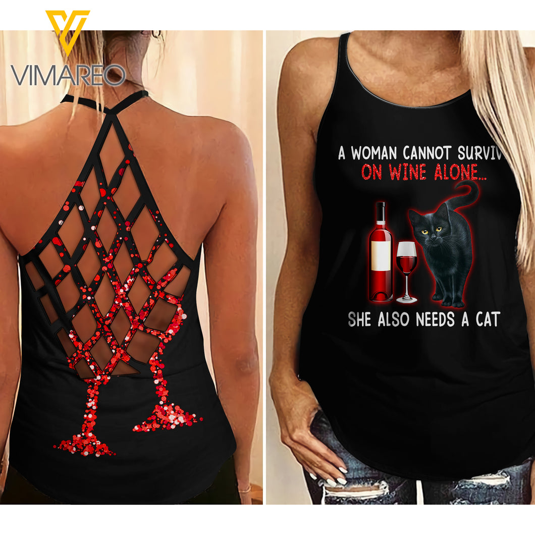 Cat Wine Criss-Cross Open Back Camisole Tank Top MAR-DT14