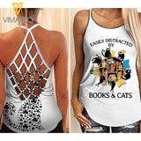 Black Cats and Books Criss-Cross Open Back Camisole Tank Top