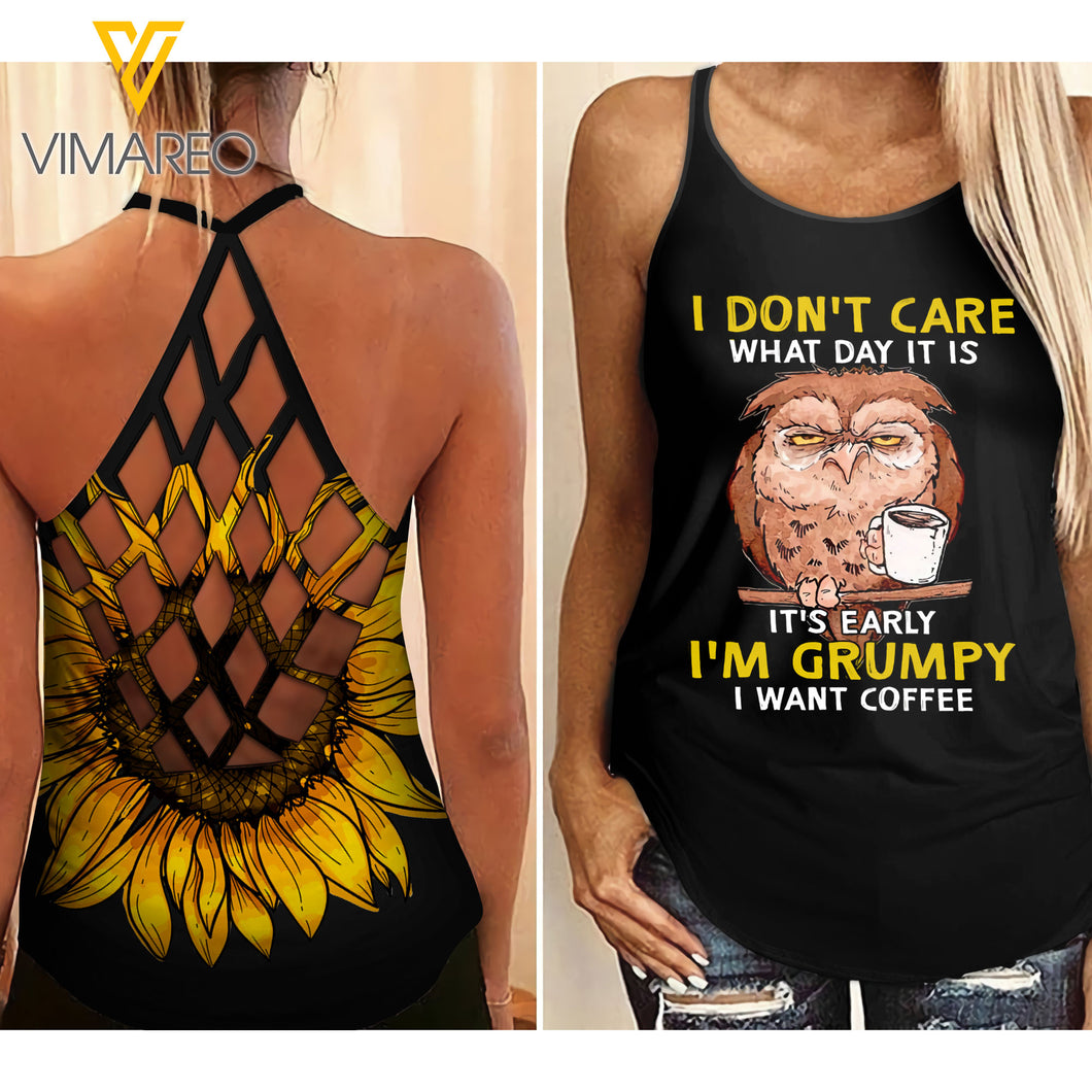 Grumpy and Want a Coffee Owl Criss-Cross Open Back Camisole Tank Top