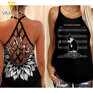 TUXEDO CAT WITH MUSIC CRISS-CROSS OPEN BACK CAMISOLE TANK TOP