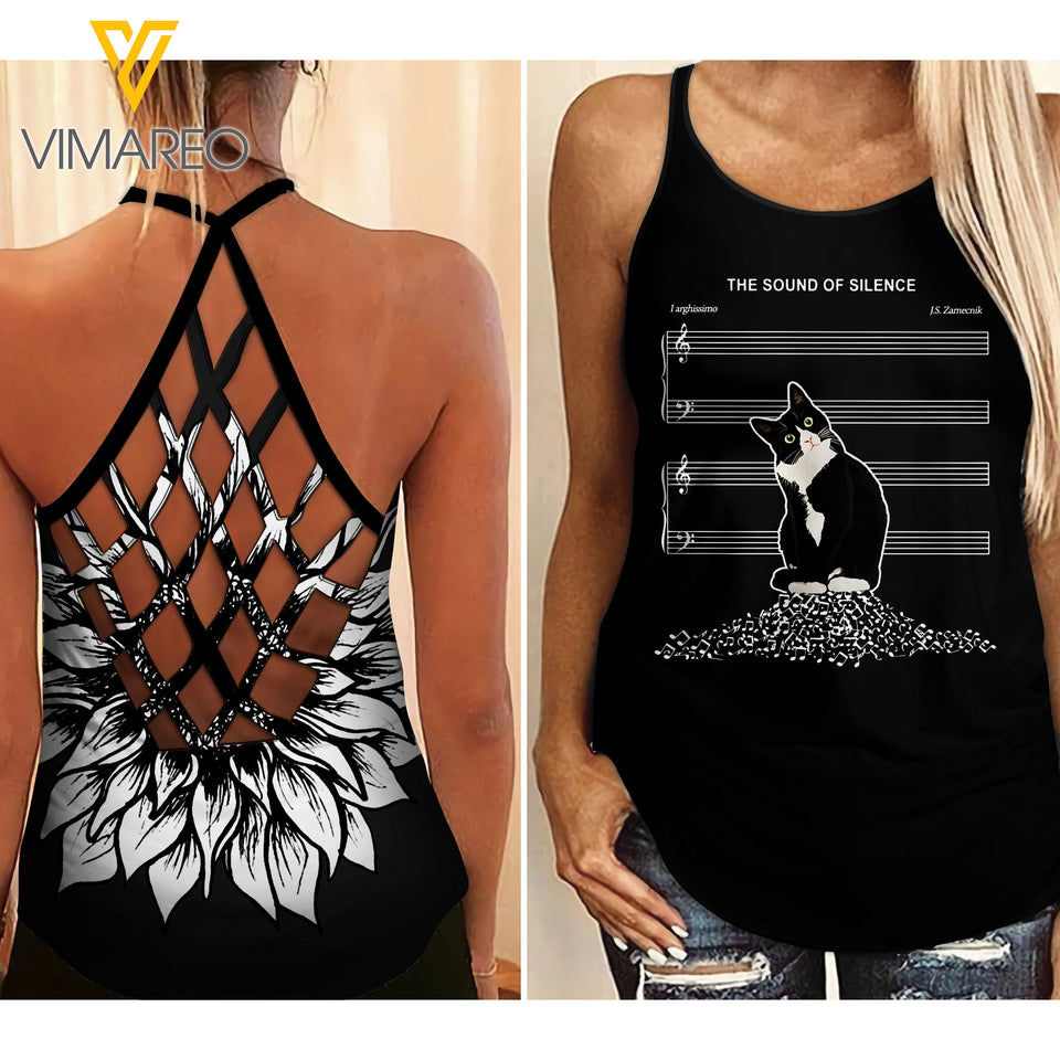 TUXEDO CAT WITH MUSIC CRISS-CROSS OPEN BACK CAMISOLE TANK TOP