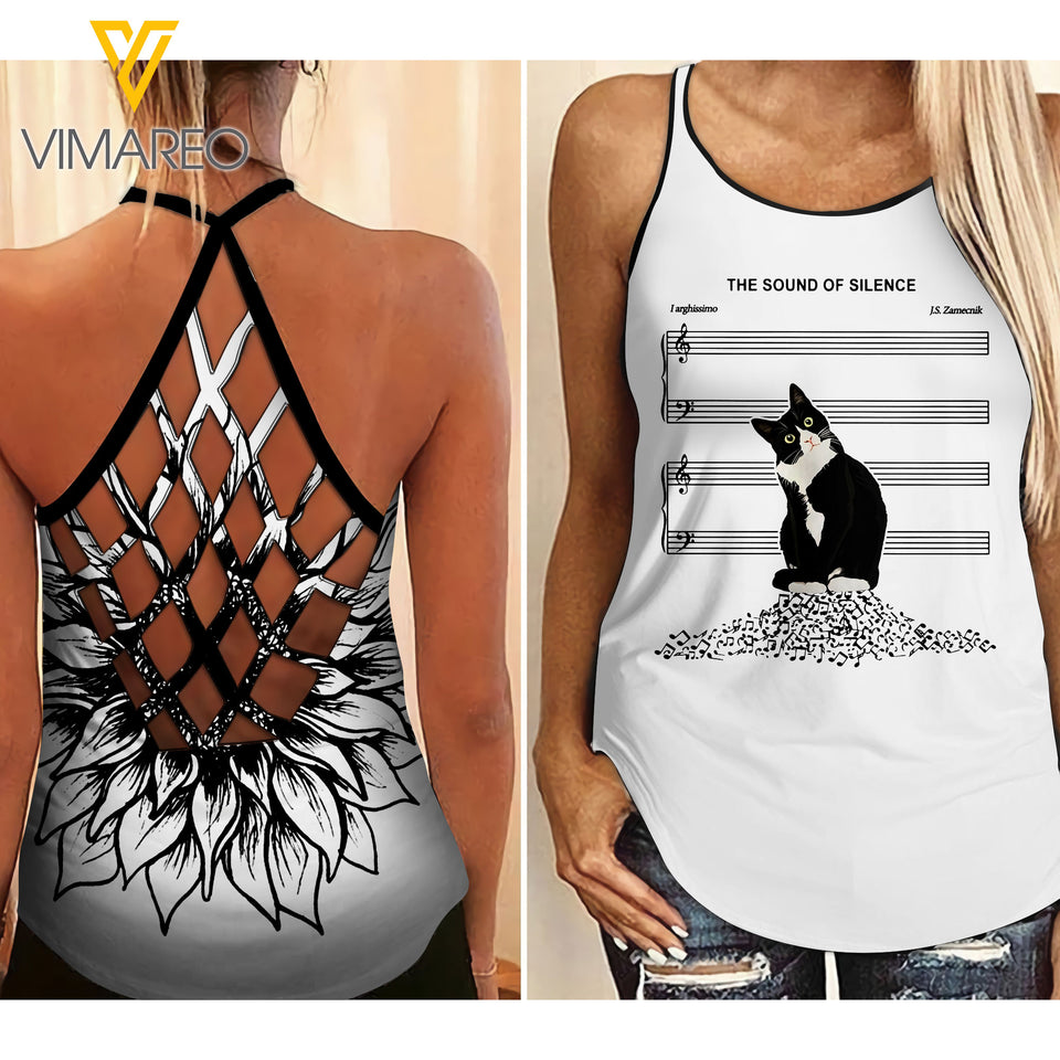 TUXEDO CAT WITH MUSIC CRISS-CROSS OPEN BACK CAMISOLE TANK TOP