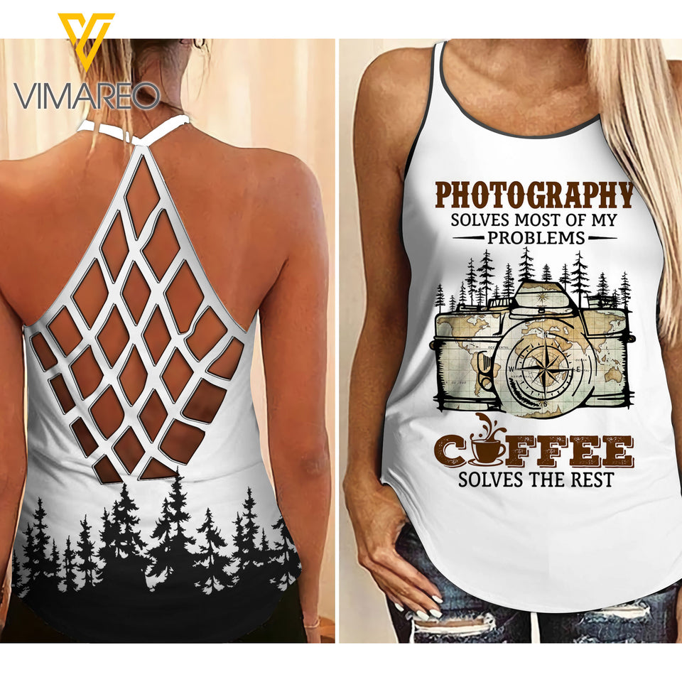Photography and Coffee Criss-Cross Open Back Camisole Tank Top