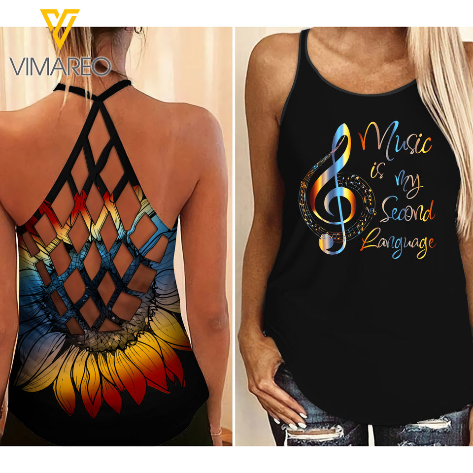 Music Lover Criss-Cross Open Back Camisole Tank Top Legging TMT SKULL