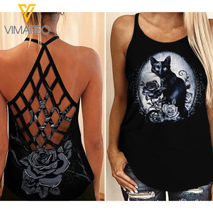 Gothic Cat Criss-Cross Open Back Camisole Tank Top