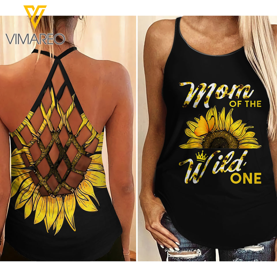 MOM OF THE WILD ONE SUNFLOWER CRISS-CROSS TANK TOP
