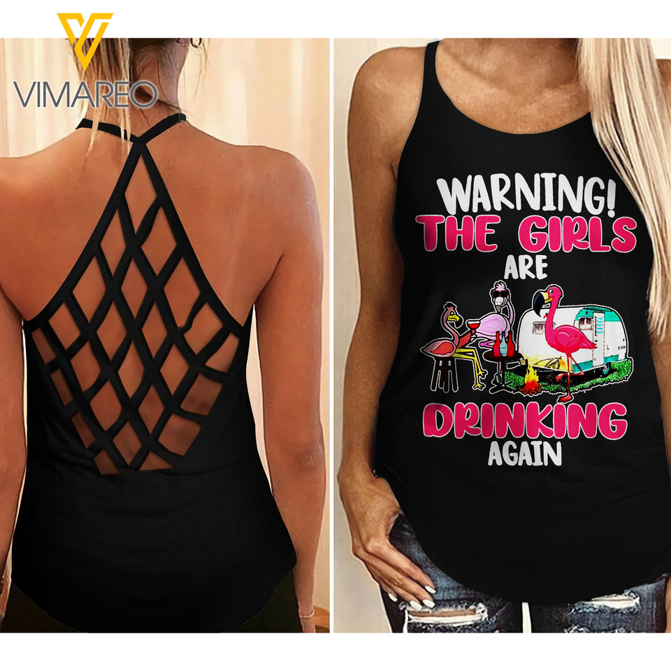 CAMPING DRINKING WARNING CRISS-CROSS TANK TOP