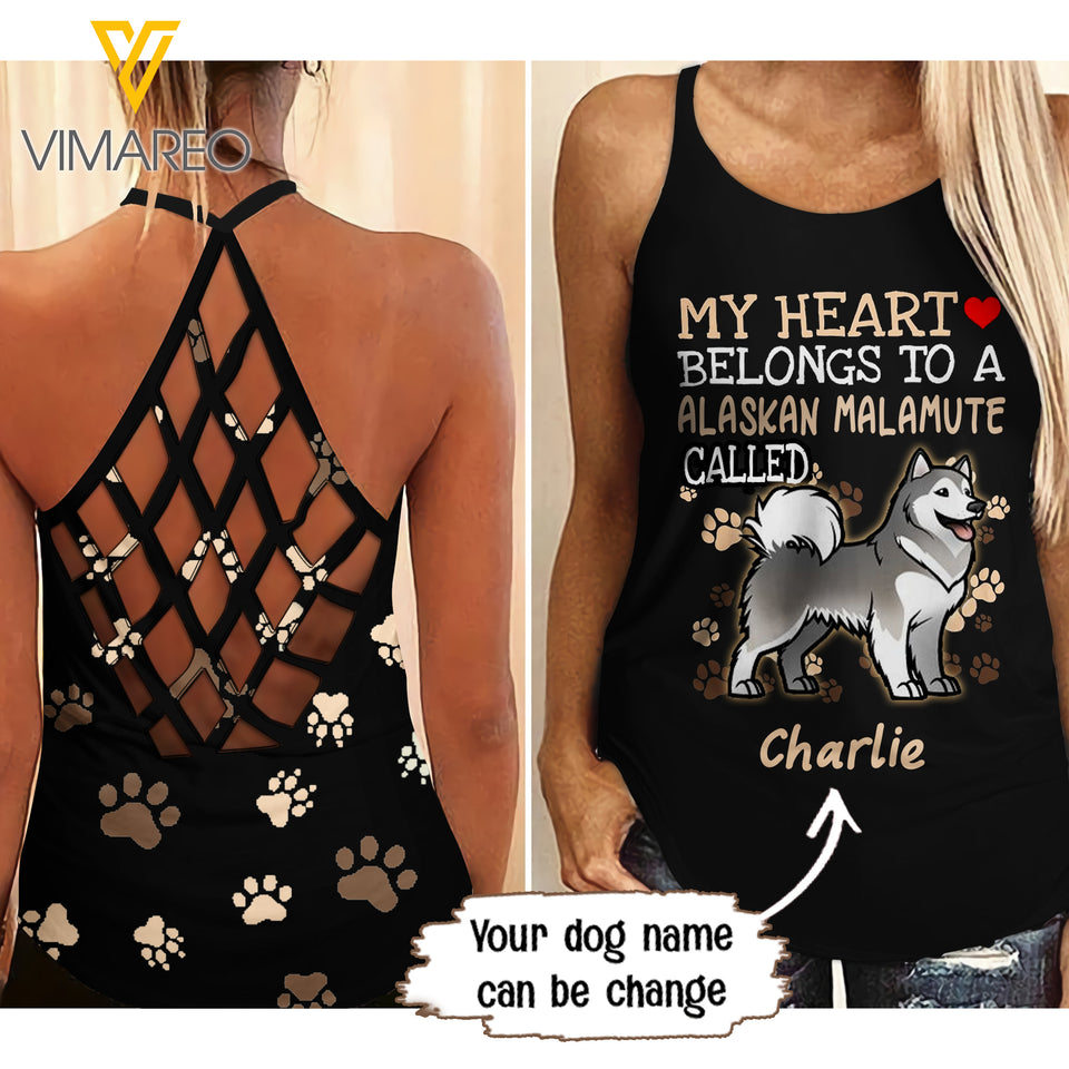 PERSONALIZED ALASKAN MALAMUTE DOG CRISS-CROSS OPEN BACK CAMISOLE TANK TOP