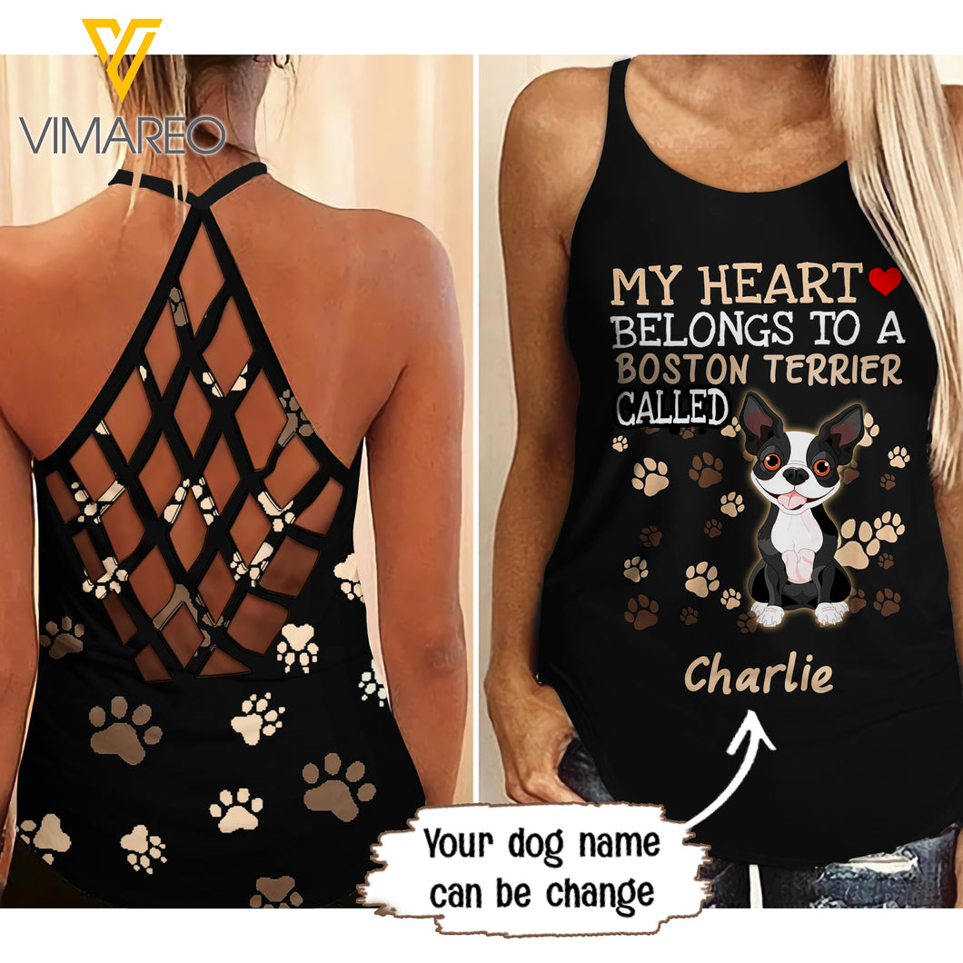 PERSONALIZED BOSTON TERRIER DOG CRISS-CROSS OPEN BACK CAMISOLE TANK TOP