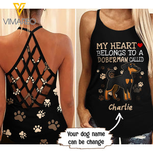 PERSONALIZED DOBERMAN DOG CRISS-CROSS OPEN BACK CAMISOLE TANK TOP