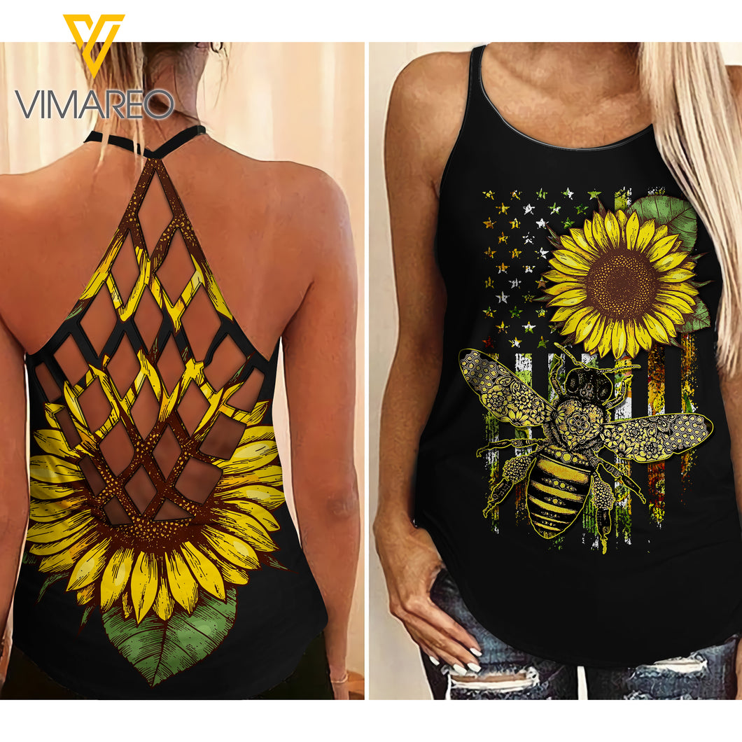 BEE SUNFLOWER CRISS-CROSS OPEN BACK CAMISOLE TANK TOP