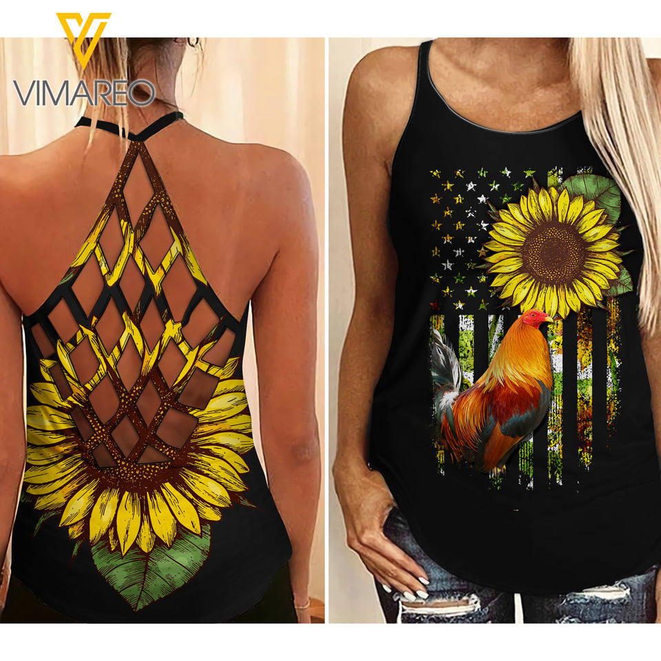 ROOSTER SUNFLOWER CRISS-CROSS OPEN BACK CAMISOLE TANK TOP
