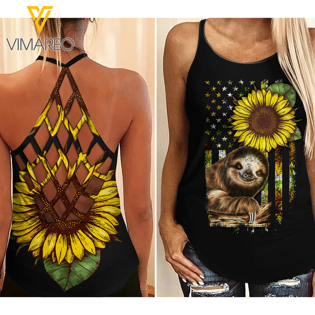 SLOTH SUNFLOWER CRISS-CROSS OPEN BACK CAMISOLE TANK TOP