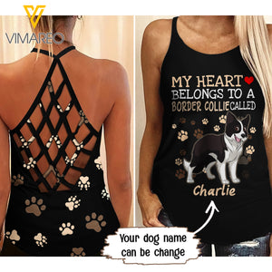 PERSONALIZED BORDER COLLIE DOG CRISS-CROSS OPEN BACK CAMISOLE TANK TOP