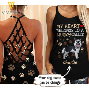 PERSONALIZED HUSKY DOG CRISS-CROSS OPEN BACK CAMISOLE TANK TOP