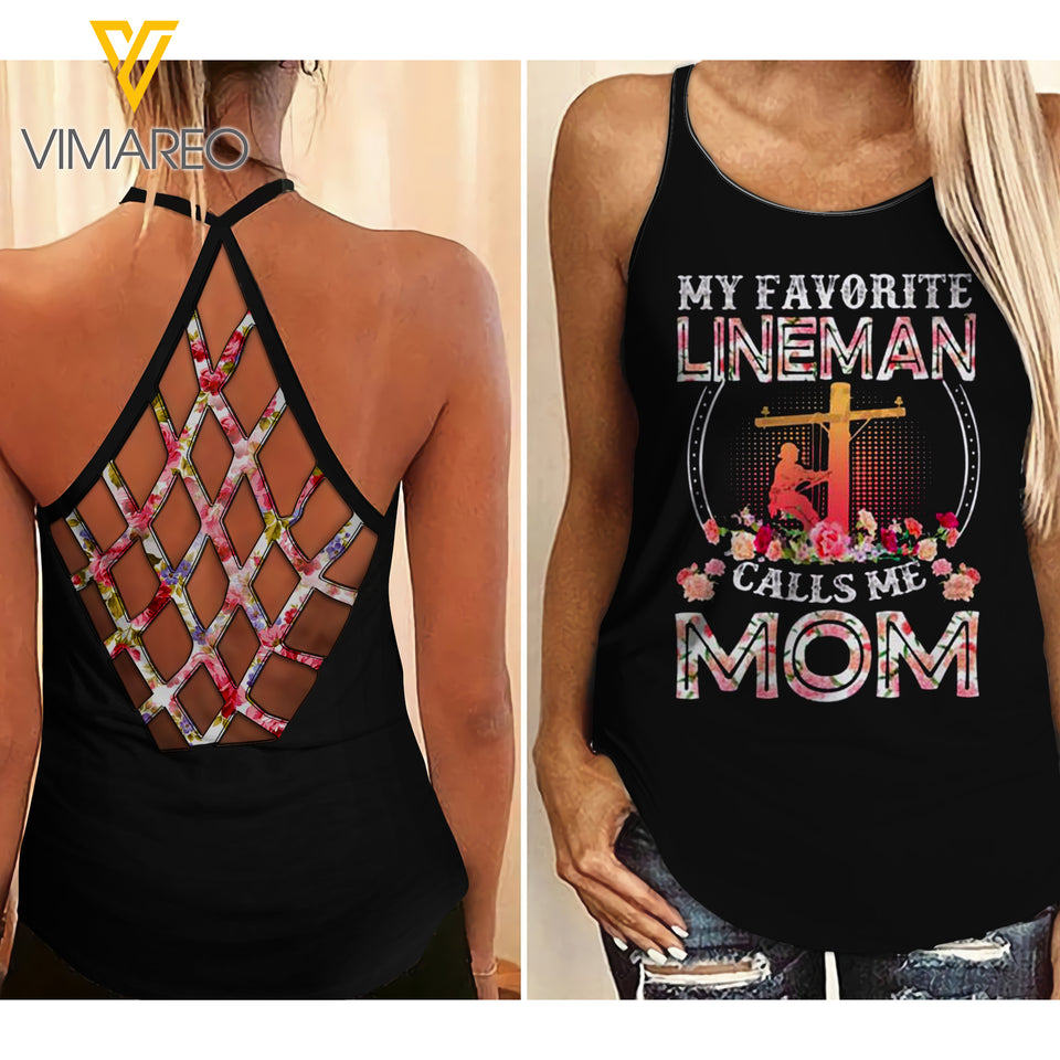 LINEMAN MOM Criss-Cross Open Back Camisole Tank Top YYQQ