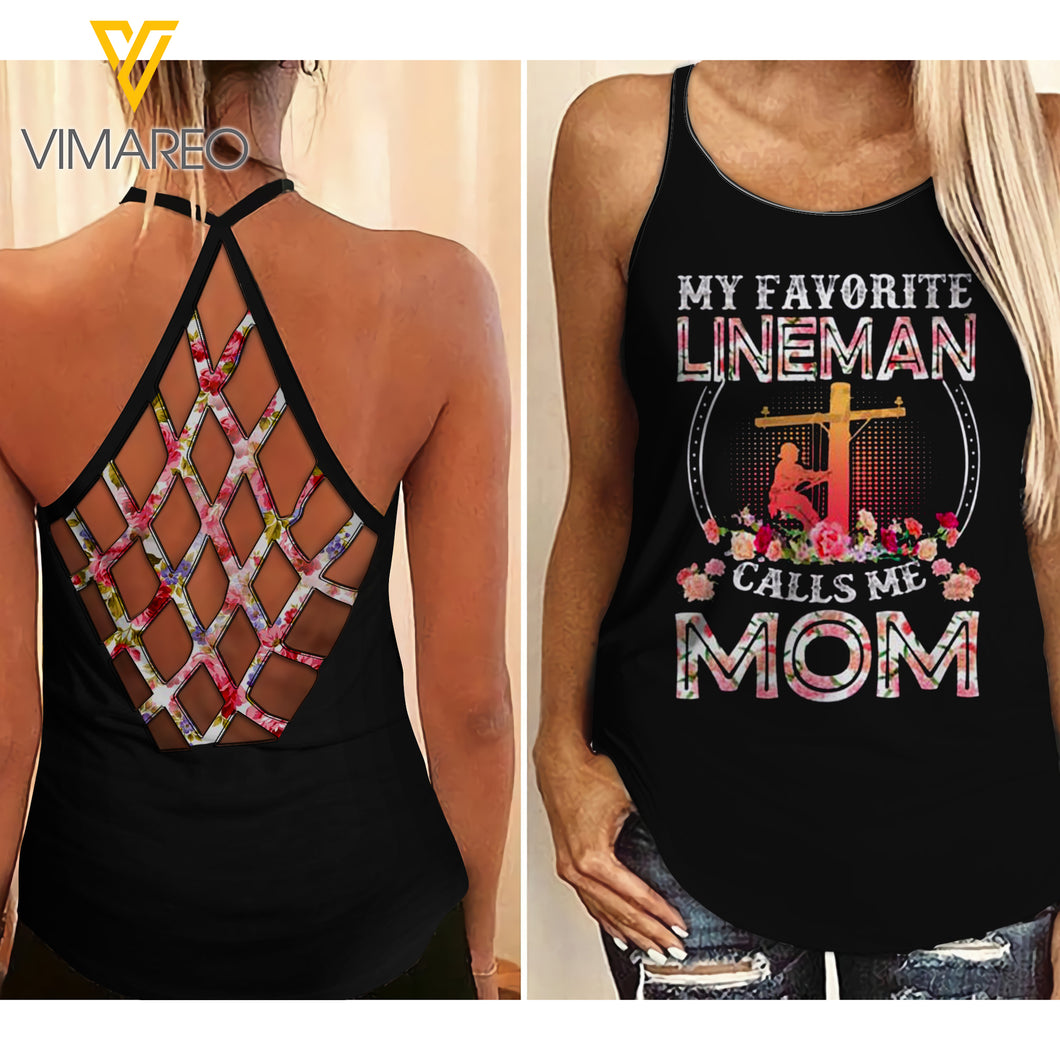 LINEMAN MOM Criss-Cross Open Back Camisole Tank Top YYQQ
