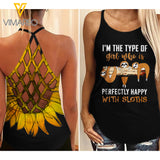 Happy With Sloths Girl Criss-Cross Open Back Camisole Tank Top VMYY