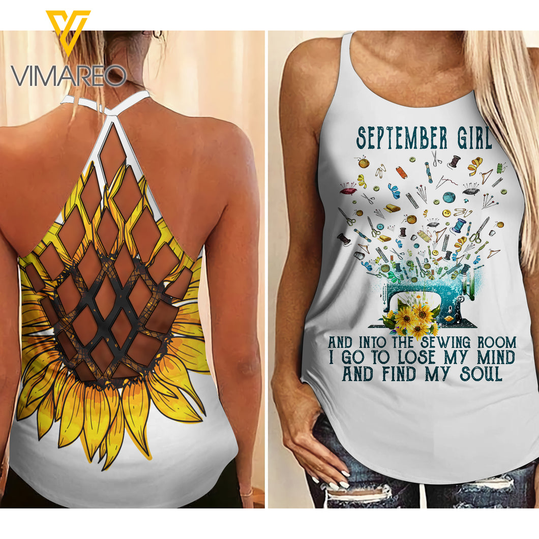 September Girl Love Sewing and Sunflower Criss-Cross Open Back Camisole Tank Top
