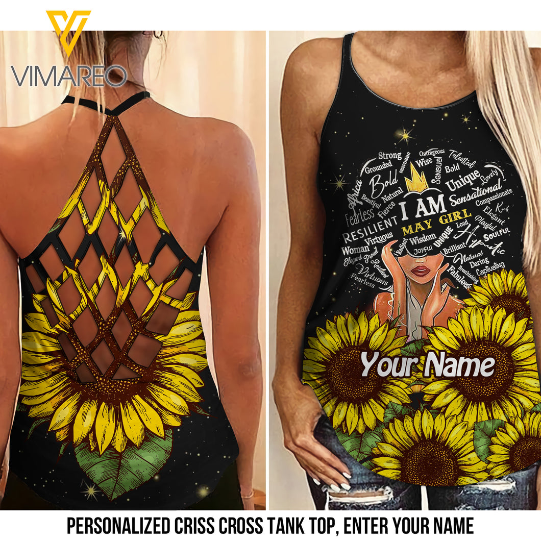 PERSONALIZED MAY GIRL WITH SUNFLOWER Criss-Cross Open Back Camisole Tank Top