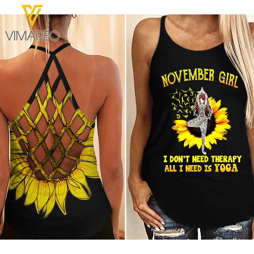 NOVEMBER GIRL LOVE YOGA AND SUNFLOWER  Criss-Cross Open Back Camisole Tank Top