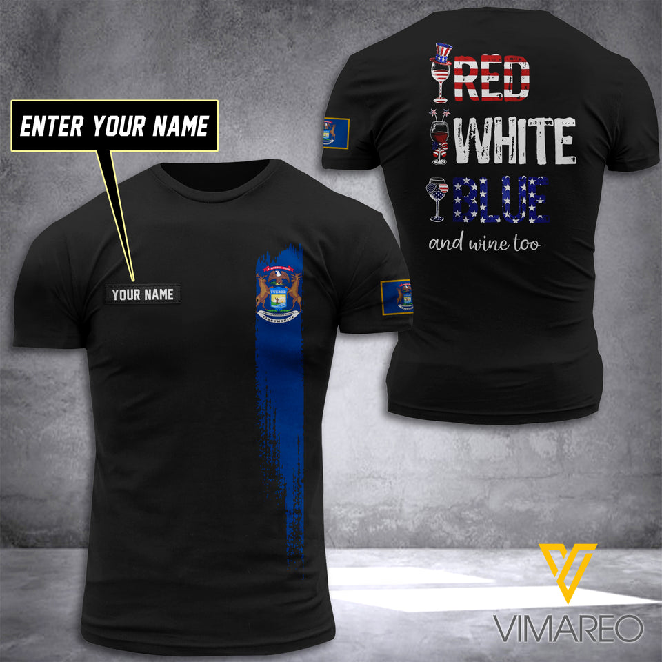 PERSONALIZED RED WHITE BLUE AND WINE - MICHIGAN FLAG 3D PRINTED TSHIRT YYTT