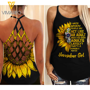 November Girl With Sunflower Criss-Cross Open Back Camisole Tank Top YYTT